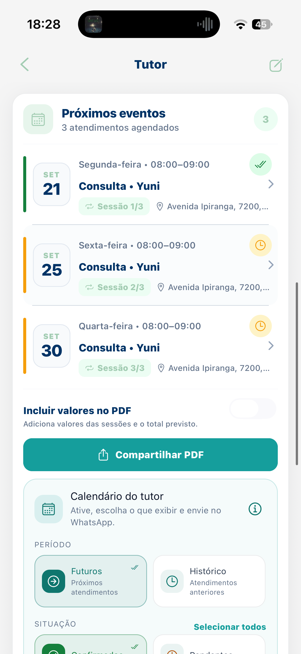 Opção para compartilhar agenda em PDF no SelfVet