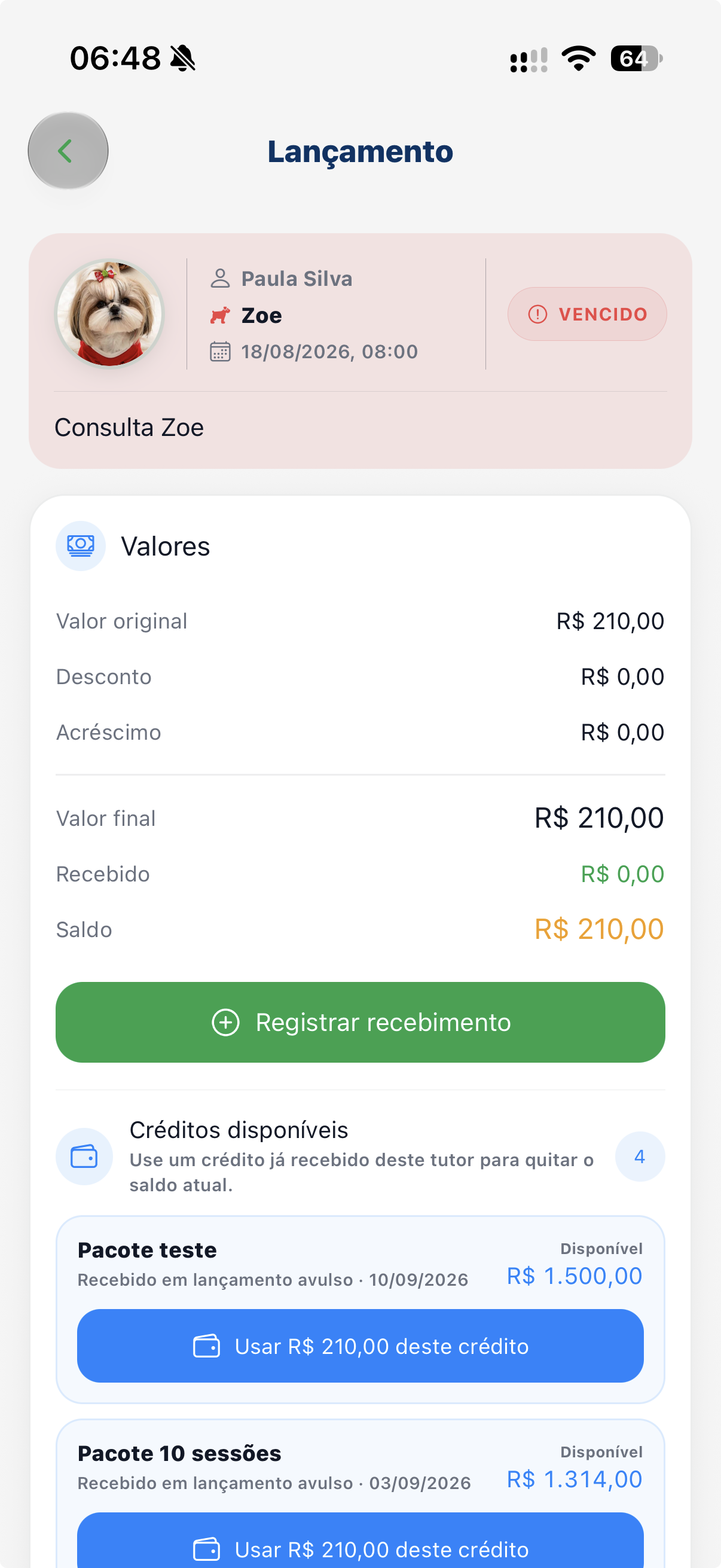 Crédito disponível para quitar o evento financeiro