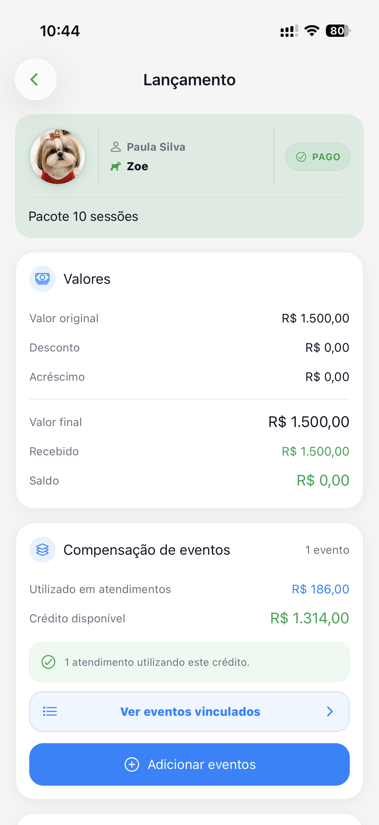 Histórico de sessões compensadas
